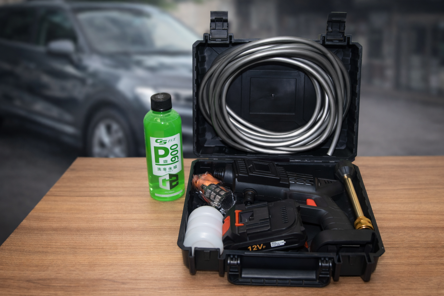 Hidrolimpiadora Portátil a Batería 12V para Coche Inalámbrica + Champú Foam 500 ml Lavado Espuma Activa
